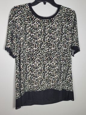 Anne Klein Black, Green & Cream Leopard Print Short Sleeve Top